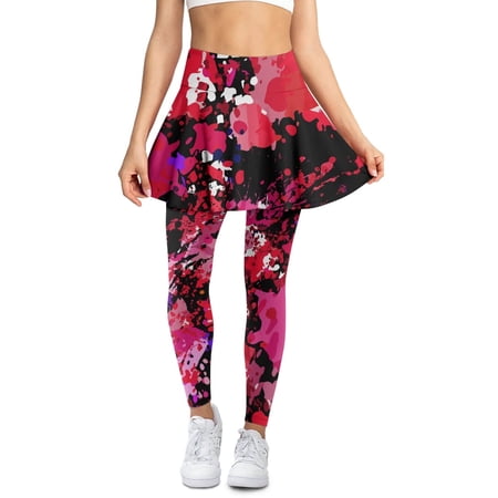 COEQINE Yoga Skirted Legging for Women Breathable High Waist Tennis Leggings with Skirts Ruffle Pleated Comfy Red Abstract Ink Splashing Print Golf Skort Pants with Pockets 2XL