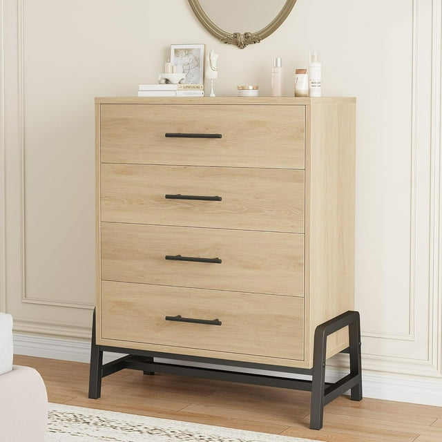 Bingirl Commode pour Chambre avec Miroir et Rangement, Coiffeuse à 4 Tiroirs Polyvalente / Armoire de Rangement Style Ferme pour Chambre, Entrée, Salon