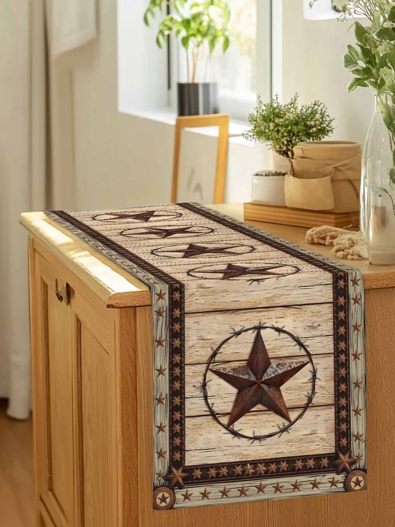 Retro Rustic Texas Country Star Table Runner 90 Inches Long, Farmhouse Vintage Wood Barn Table Runners Tabletop Scarf Kitchen Dining Tables Decoration for Home Party Indoor Outdoor