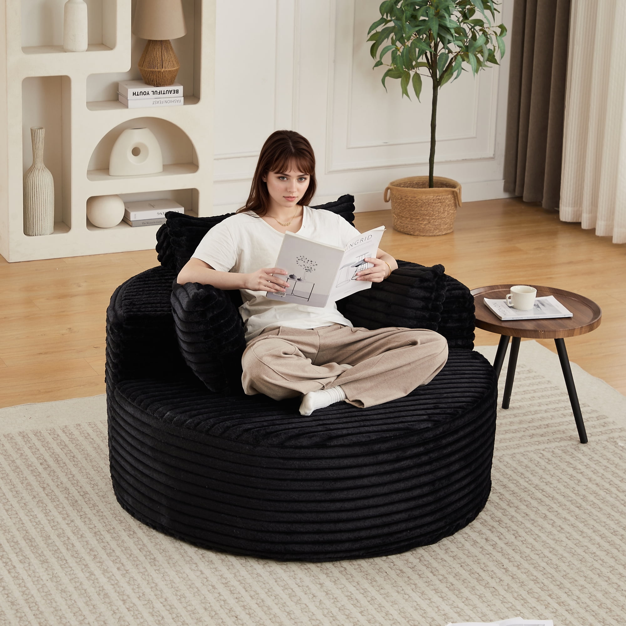 Leumius Oversized Round Chair Lounge Chaise Indoor,50" Upholstered Corduroy Deep Seat Single Cloud Sofa Chair, Fluffy Modern Large Circle Boneless Sleeper Sofa for Living Room, Bedroom,Black
