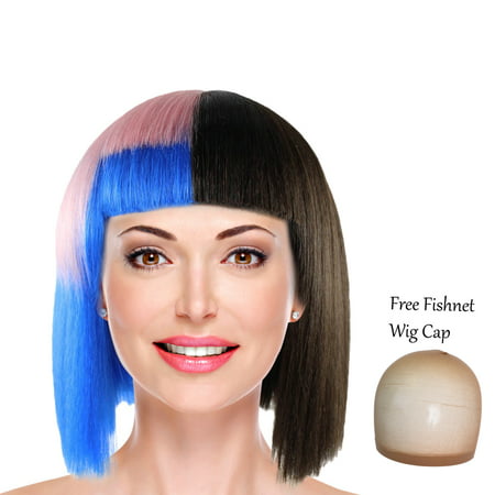 Short Bob Wig with Bangs Colorful Hair Wigs for Cosplay Costume Theme Party Halloween