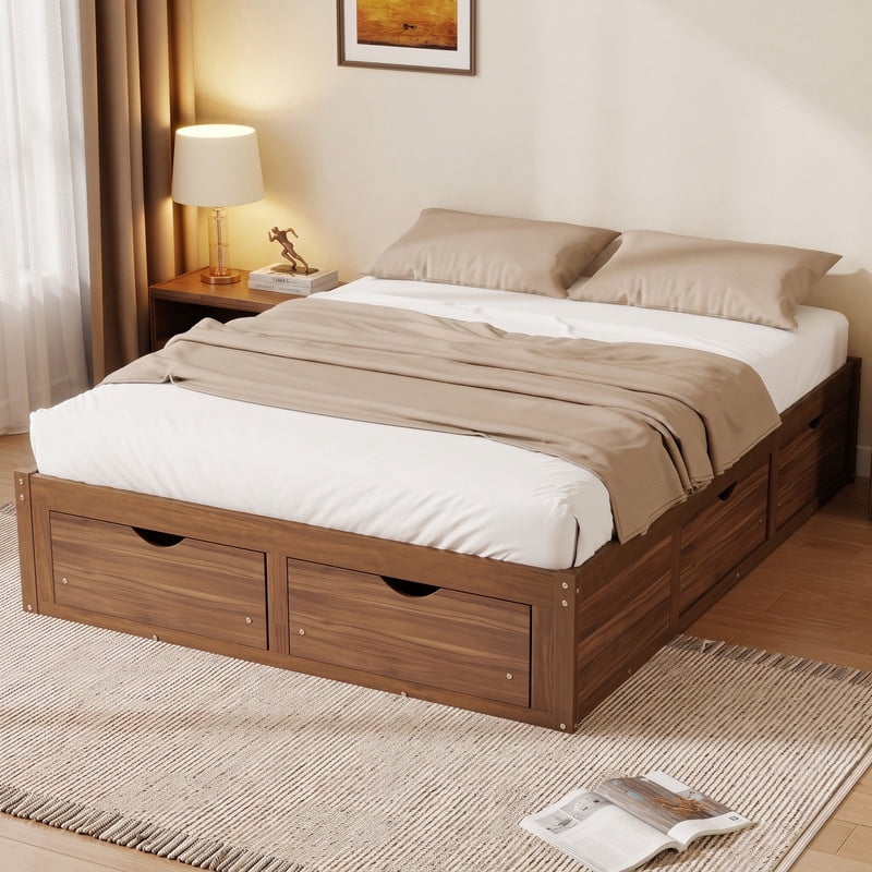 Queen/King Size No Box Spring Required Platform Bed with No Headboard, Wooden Storage Bed Frame with 6 Drawers