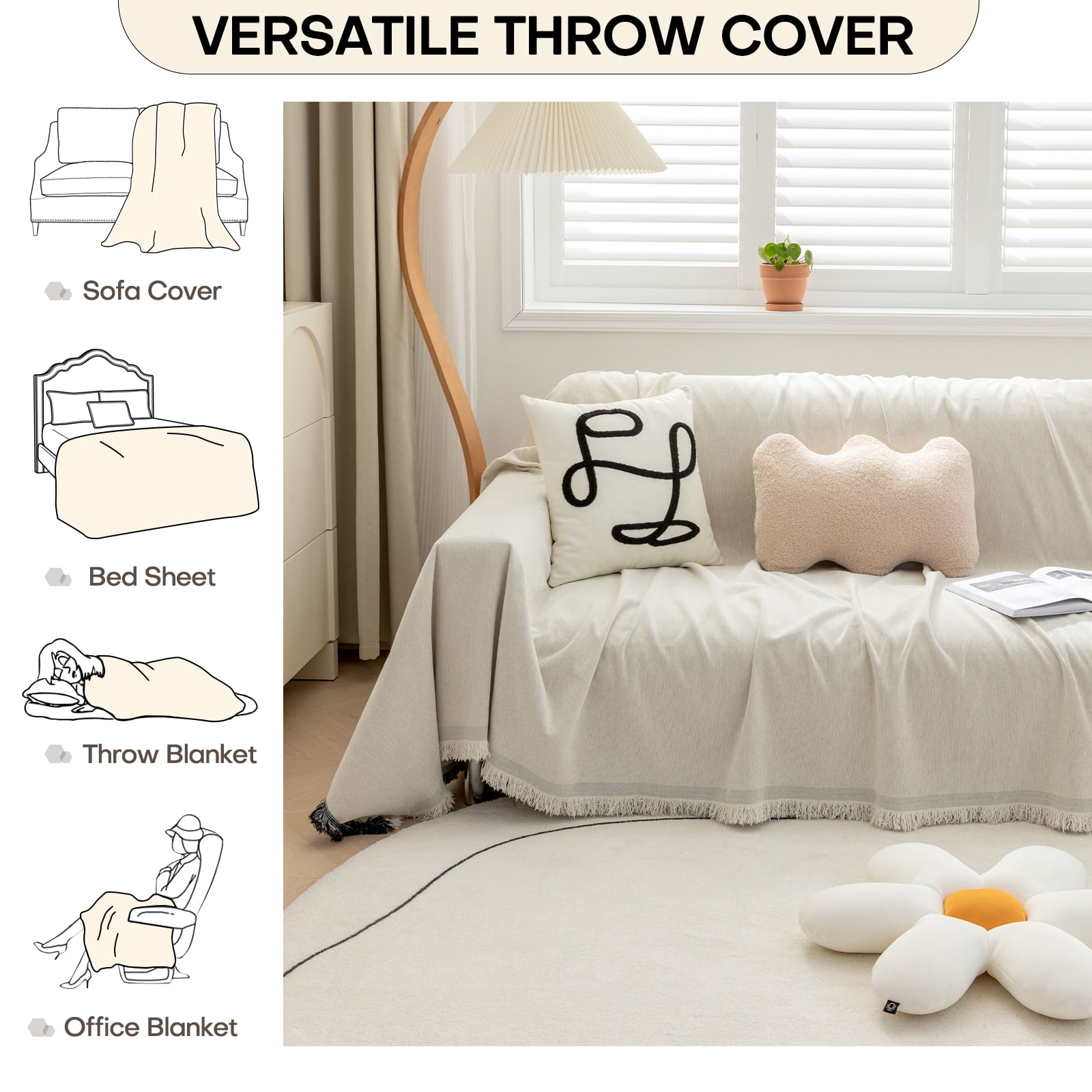 Lovote Water-Resistant Couch Cover Blanket Extra Large Sofa Blanket Strong & Sturdy Sofa Cover for Furniture Protect Machine Washable Farmhouse Style Blanket Sofa Home Decor (White, 91'' x 118'')