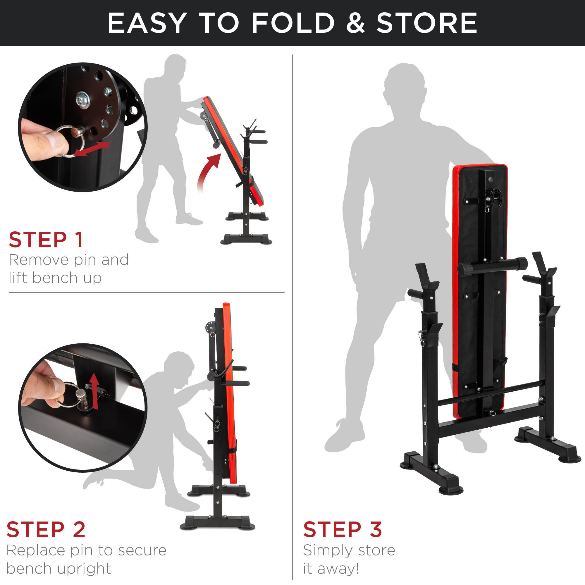 Best Choice Products Adjustable Folding Fitness Barbell Rack & Weight Bench for Home Gym, Strength Training - Black/Red - image 5 of 6