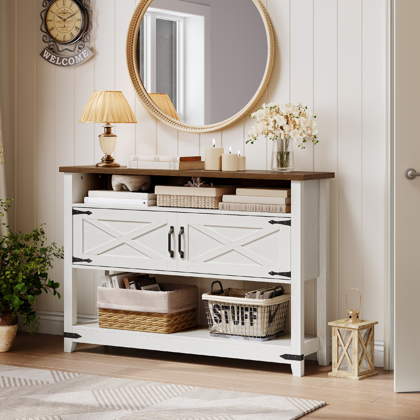 Farmhouse Entryway Table with Storage, 47.2" Long Console Table for Entryway, White Sofa Table with Doors and Cabinets, Narrow Sofa Table Behind Couch, for Hallway, Foyer, White and Walnut WH12XG01