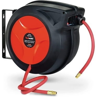 ReelWorks Air Hose Reel - Retractable 3/8" x 50' with 3' Lead-In Hose & 1/4" NPT Connections - Mountable