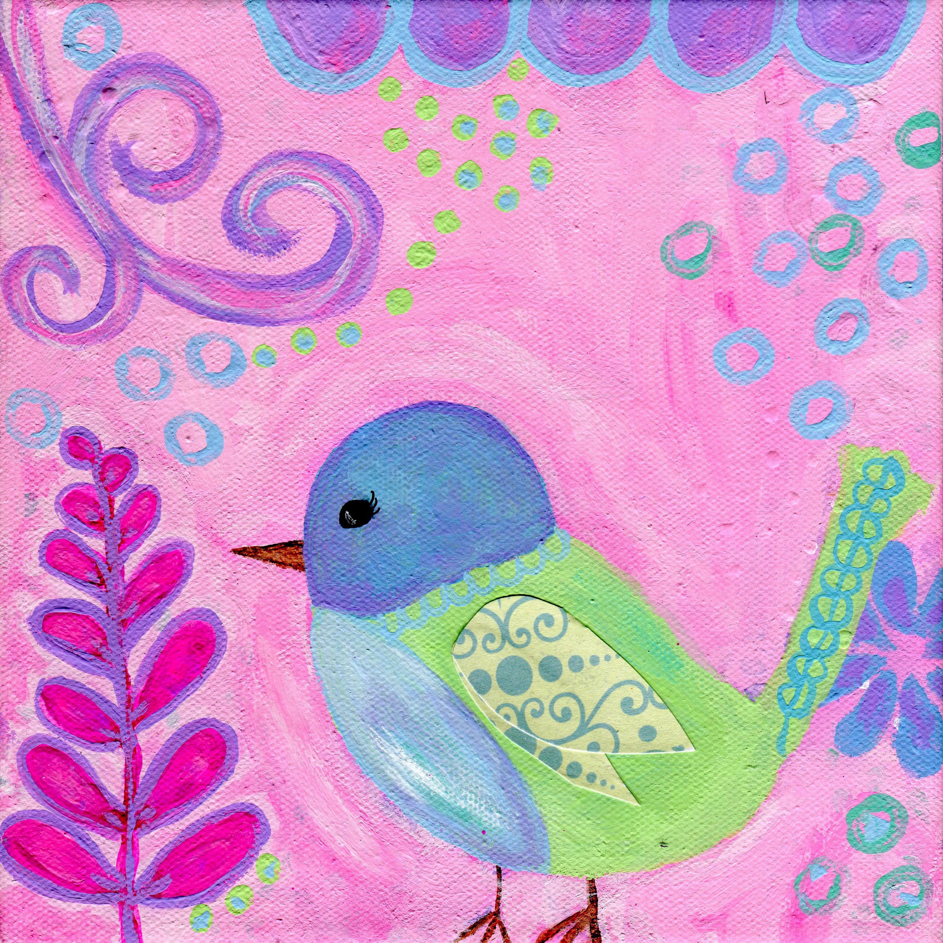 Marmont Hill "Lavender Green Bird" by Jill Lambert Painting Print on Wrapped Canvas