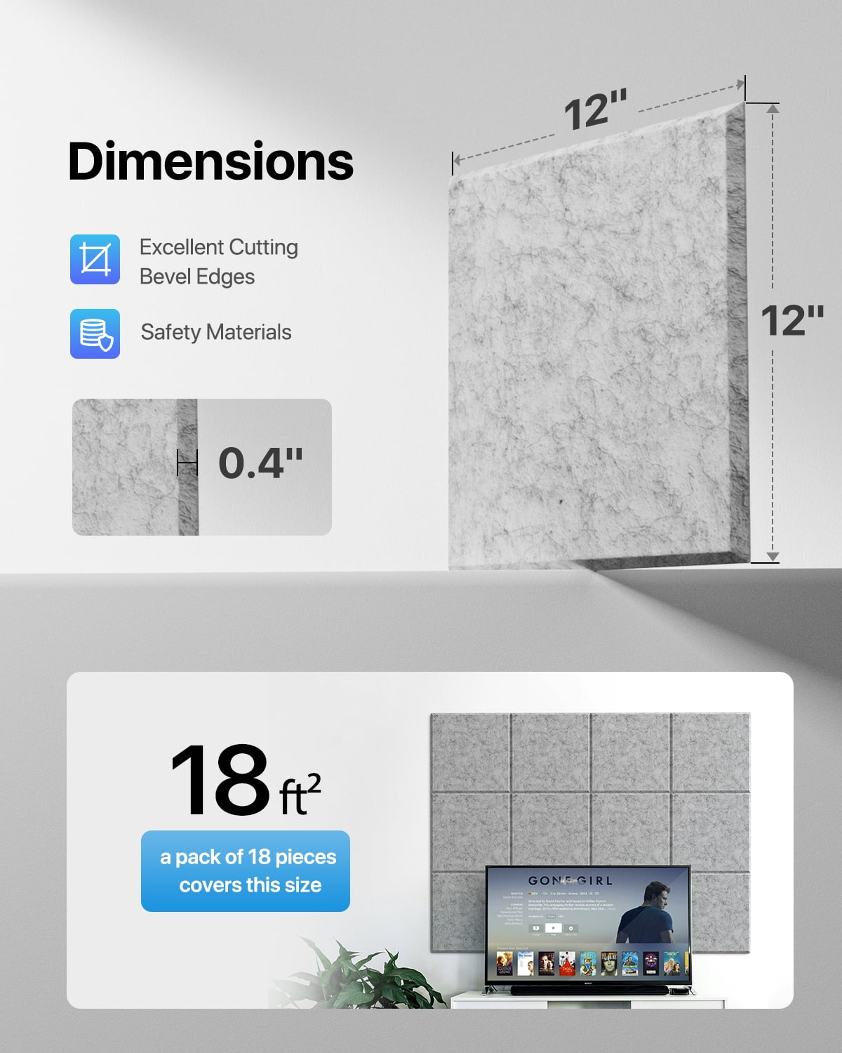 Soundsbay Soundproof Wall Panels Square Self-Adhesive Soundproof Absorbing Noise Cancelling Wall Panels 12 Pack Gray 12'' x 12'' x 0.4''