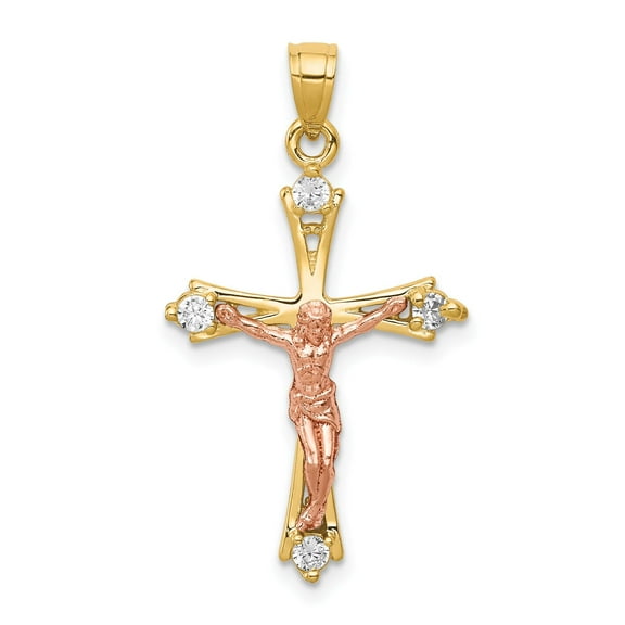 10k Real Two Tone Gold Crucifix Cross Pendant Necklace for Men and Women with CZ Accents High Polish Religious Christian Jewelry Charm Spiritual Faith Accessory