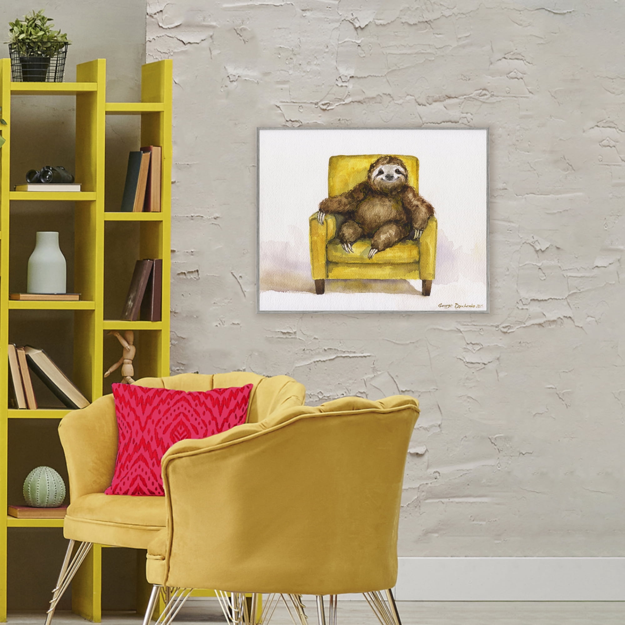 Stupell Industries Happy Sloth Relaxing on Armchair Gray Framed Giclee Art, design by George Dyachenko