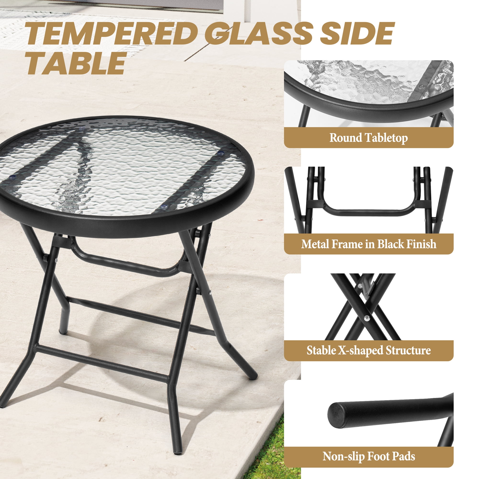 Pellebant Foldable Patio Side Table with Tempered Glass Top 18" Small Glass Patio End Tables for Porch Yard Balcony Deck Lawn Dining Garden (Black)