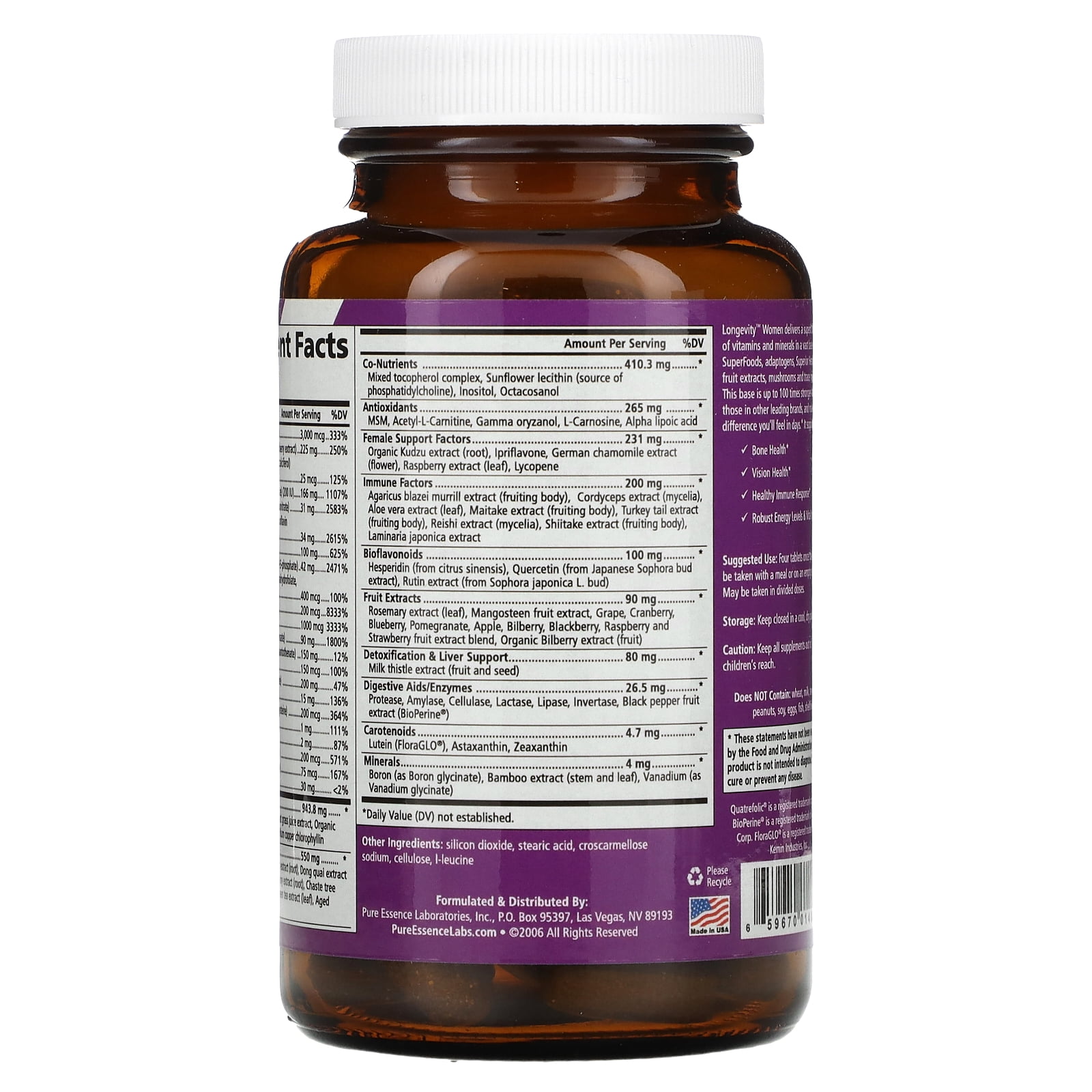 Longevity Women 50+ Multivitamin - Whole Food Supplement with Superfoods, Minerals, Enzymes, Vitamin D, D3, B12, Biotin by Pure Essence - 120 Tablets