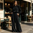 thumbnail image 6 of Szluipve 2 Piece Sets for Women Velvet 2 Piece Matching Outfit High Neck Pleated Long Sleeve Blouse Top & High Waist Wide Leg Palazzo Pants Elegant Party Set with Pockets Black XL, 6 of 9
