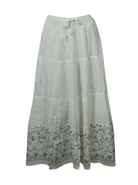 Mogul Women Maxi Skirt Angel White Cotton Long Skirt Floral Embroidered Maxi Skirts M/L