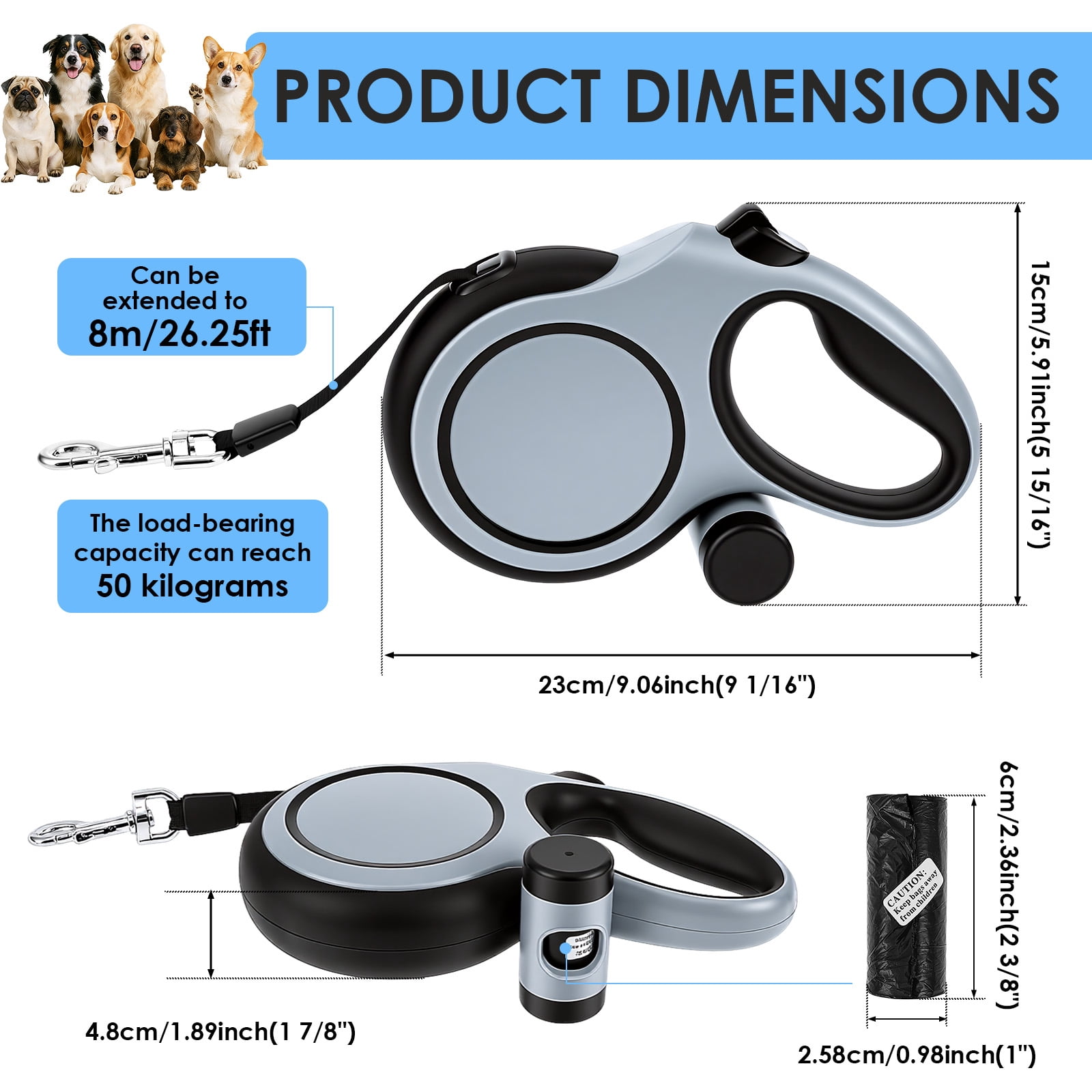 Threns Retractable Dog Leash,26 ft Heavy Duty Dog Leash for Dogs up to 110lbs,Pet Walking Leash with Waste Bag,Strong Nylon Tape,No Tangle,One-Handed Brake,Pause,Lock