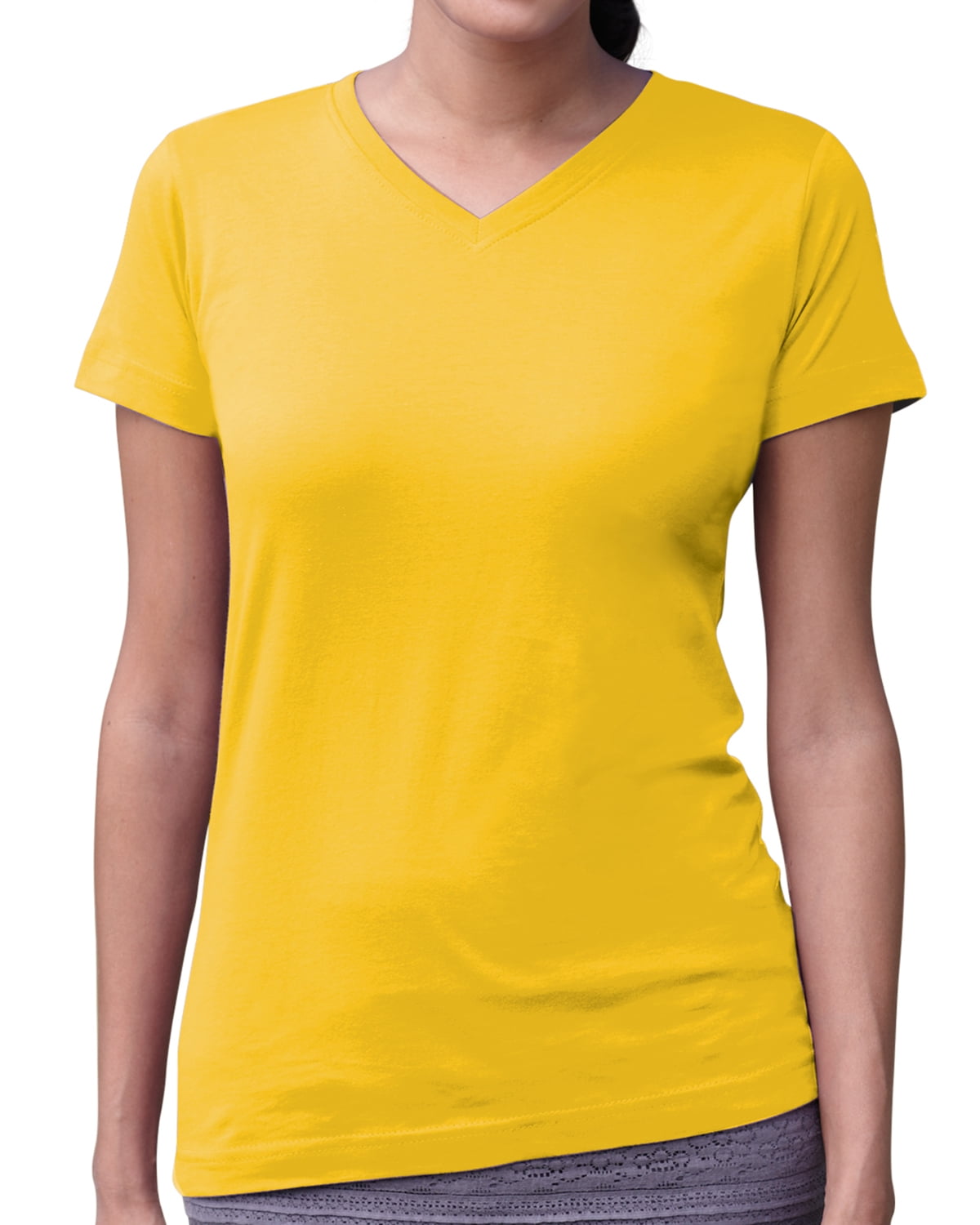 Ladies' V-Neck Fine Jersey Tee Shirt, YELLOW, 2XL, 100