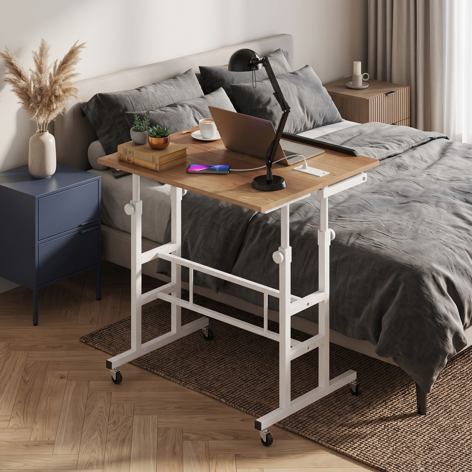 Furnibear Standing Up Desk Adjustable Mobile Computer Workstation with 2 Tilting Desktops, Rolling Sit Stand Table with Charging Station, USB & Type-C Ports, Natural