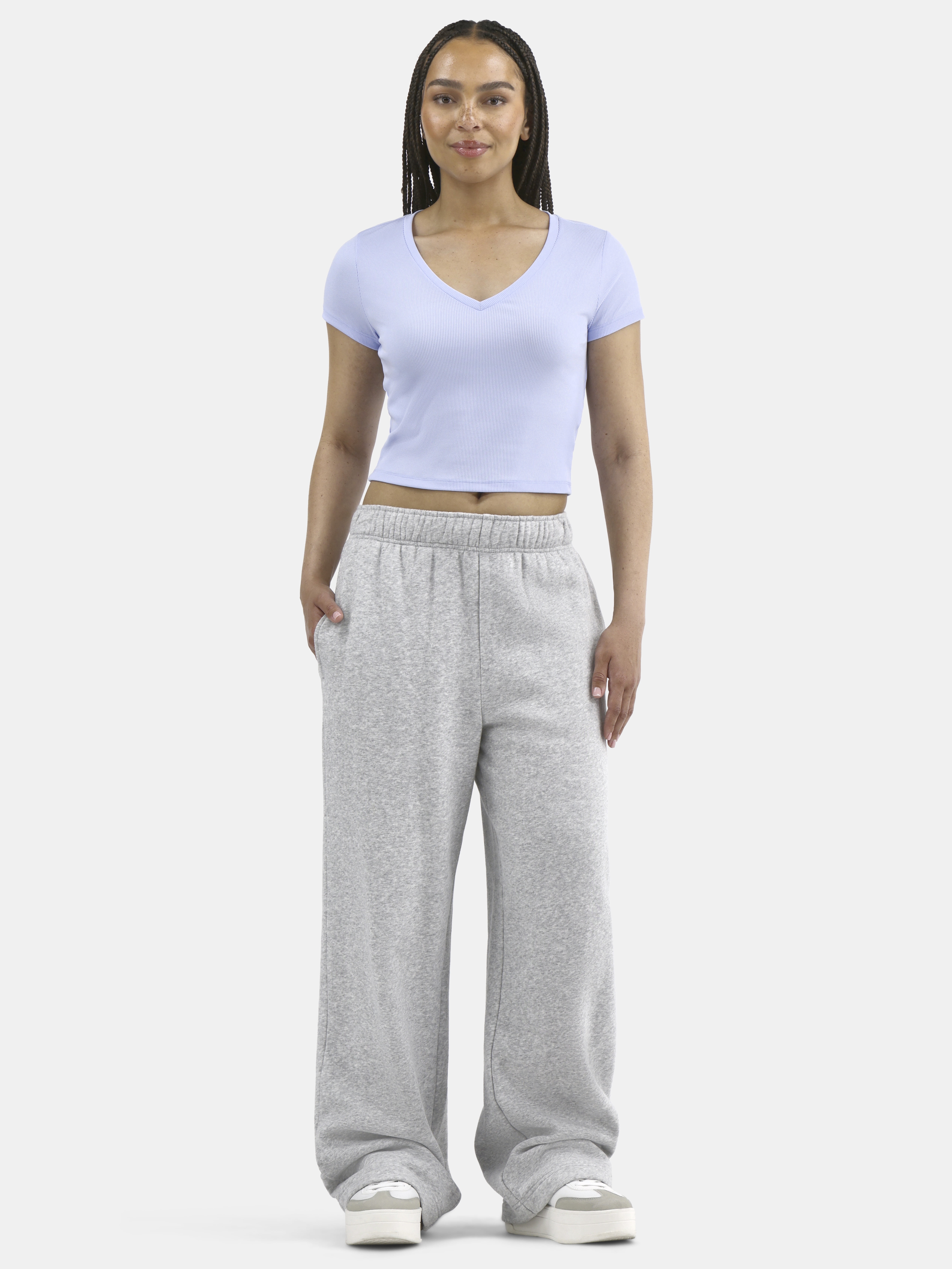 No Boundaries V-Neck Crop Rib Tee, Women's XXS-XXL