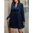thumbnail image 4 of Women Elegant Retro Short Loose V-Neck Long Sleeve Velvet Solid Color Dress Fall Winter Fashion Clothing Navy Blue L, 4 of 9