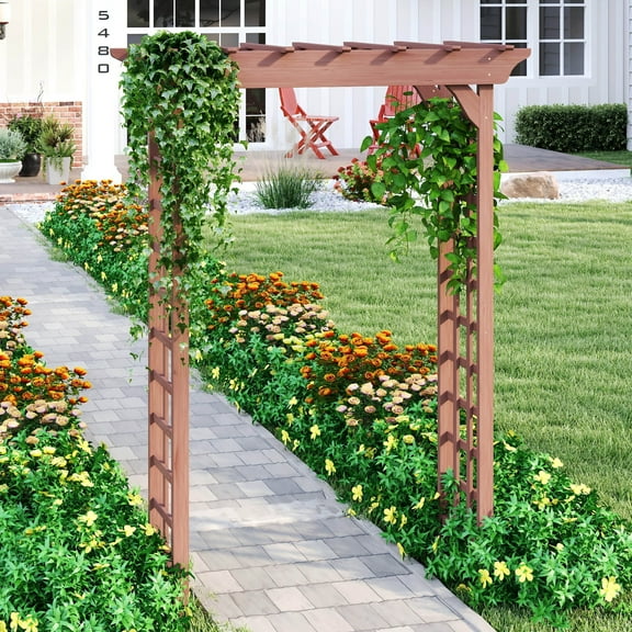 63Inch Wooden Garden Arbor with Hanging Roof, Wood Pergola  with Side Climbing Trellis, Wedding Ceremony Decoration for Backyard, Lawn, Party, Brown