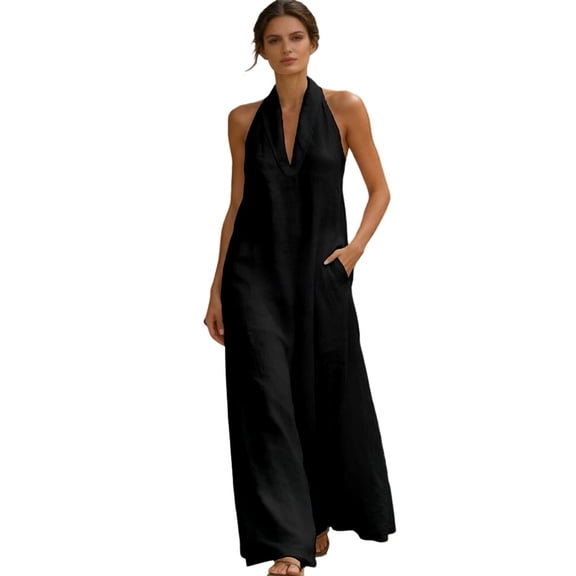 Womens Plus Size Jumpsuits Solid Color Halter Neck Sleeveless V Neck Flowy Dress with Pockets Casual Summer Black L