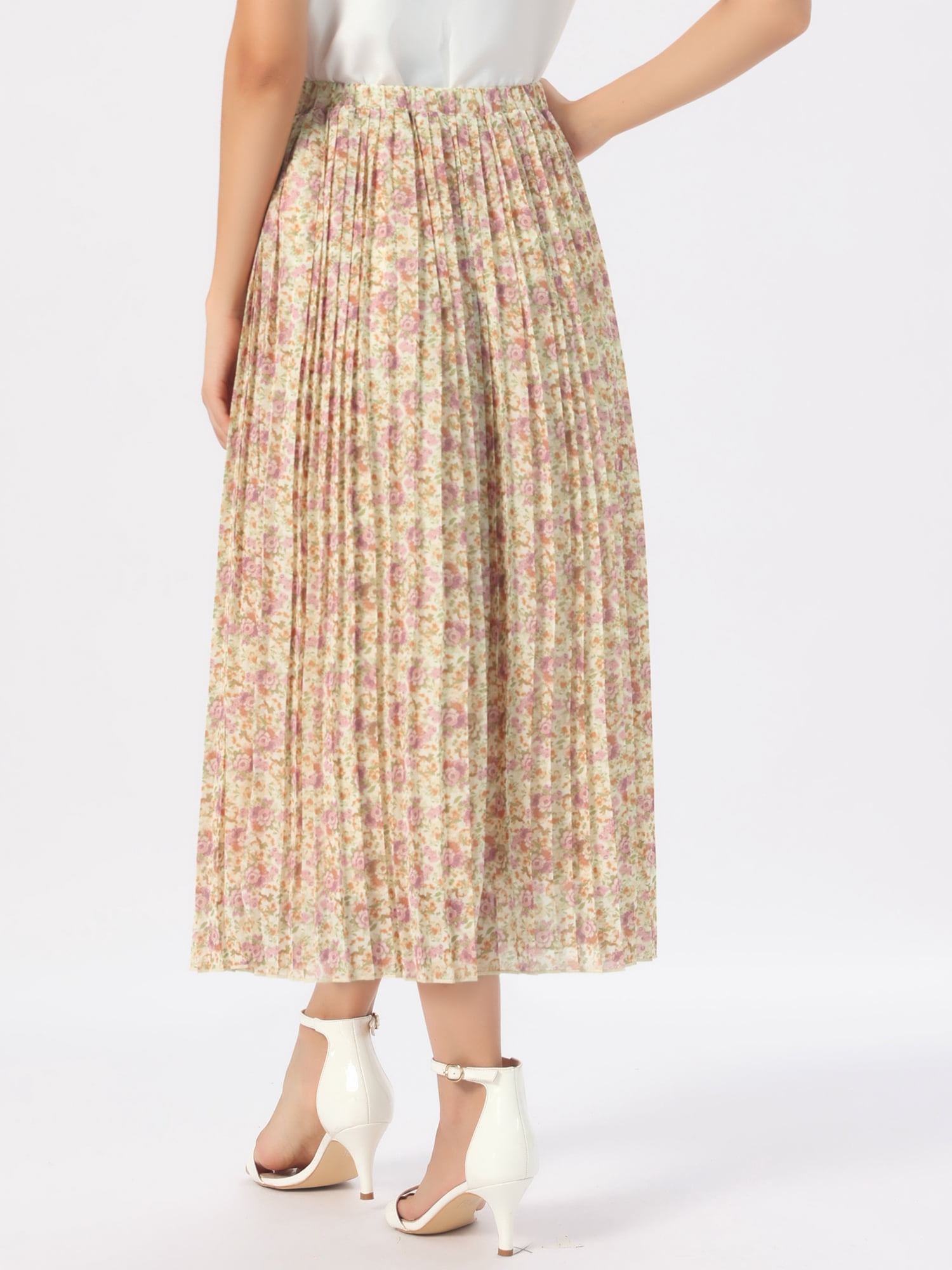 DARING DIVA Women's A-Line Elastic Boho Summer Floral Print Midi Skirts XS Apricot