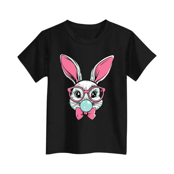 ZOYOEN Girls Easter T Shirts Rabbit Print- Soft Crewneck Short Sleeve Cute Kids Clothes Black Size 2-14 T
