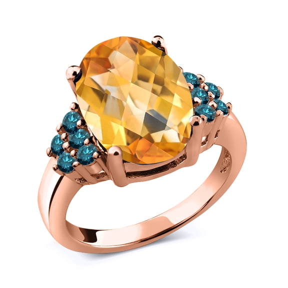 Gem Stone King 6.06 Ct Oval Checkerboard Yellow Citrine Blue Diamond 18K Rose Gold Plated Silver Ring (Size 5)