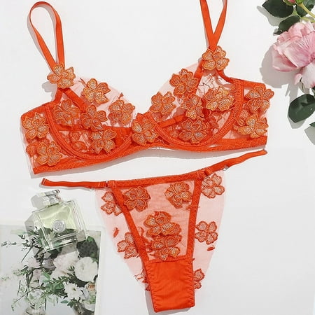 DDWD Trade Sexy Underwear Set Womens Sexy Sweet Mesh Embroidered Flower Applique Bra