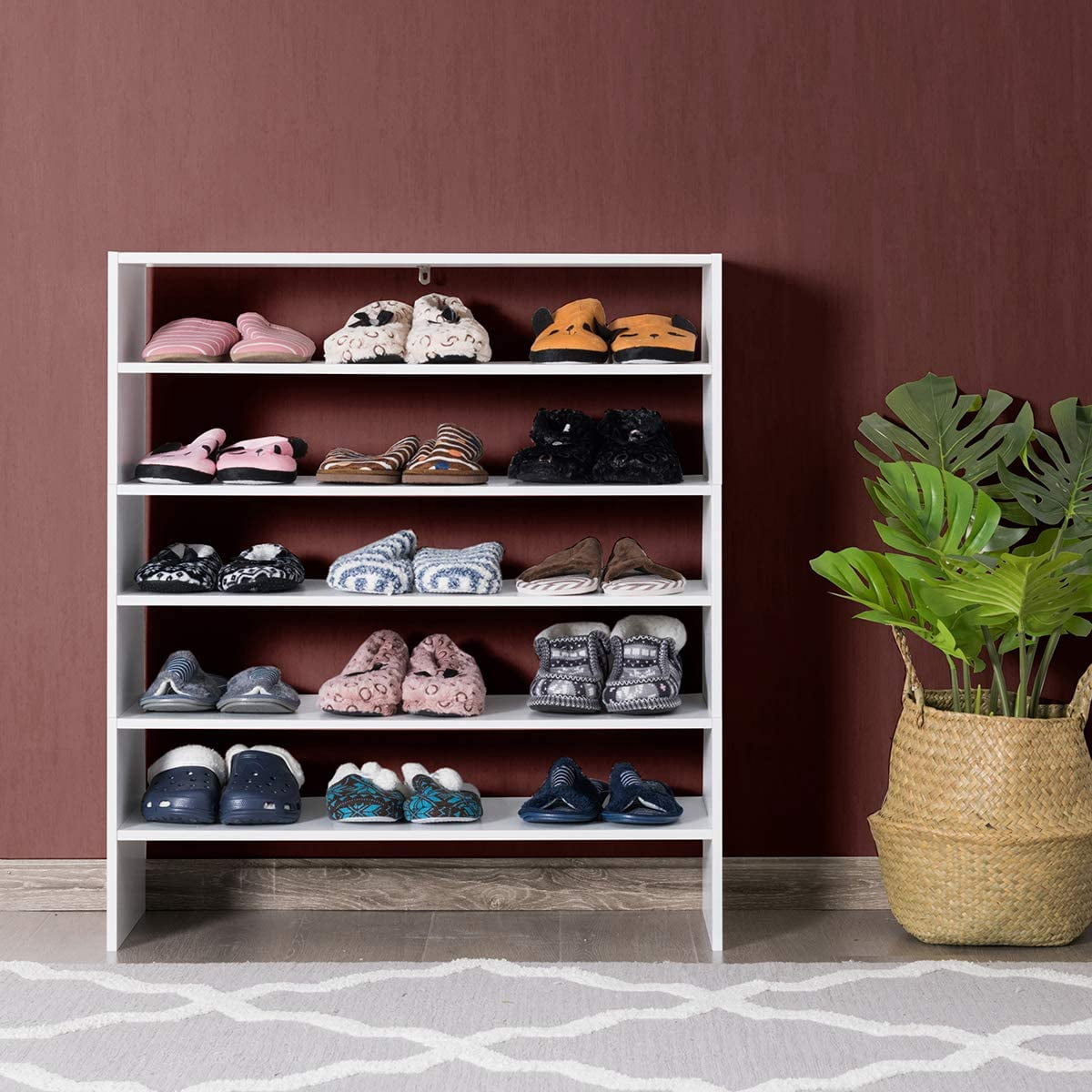 Giantex 3-in-1 Shoe Rack, 5-Tier Shoe Organizer, Wood Storage Shelf for Shoes, Multi-Shape Shoes Shelves Ideal for Entryway Hallway Bathroom Living Room (White)