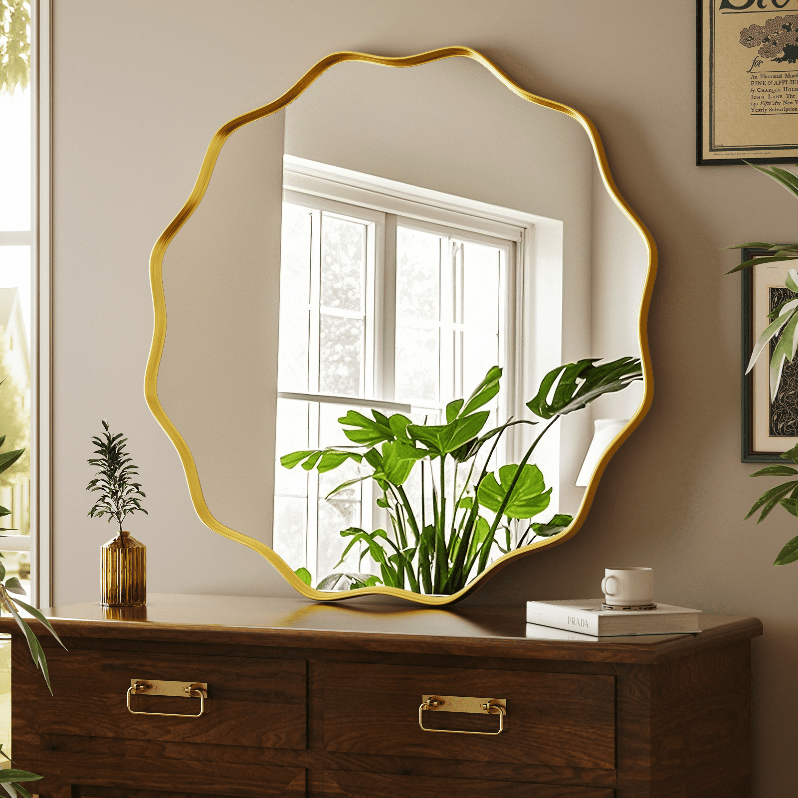 GRAHMCY 30" Wavy Round Bathroom Mirror Decorative Wall Mirror With Deep Frame, Gold