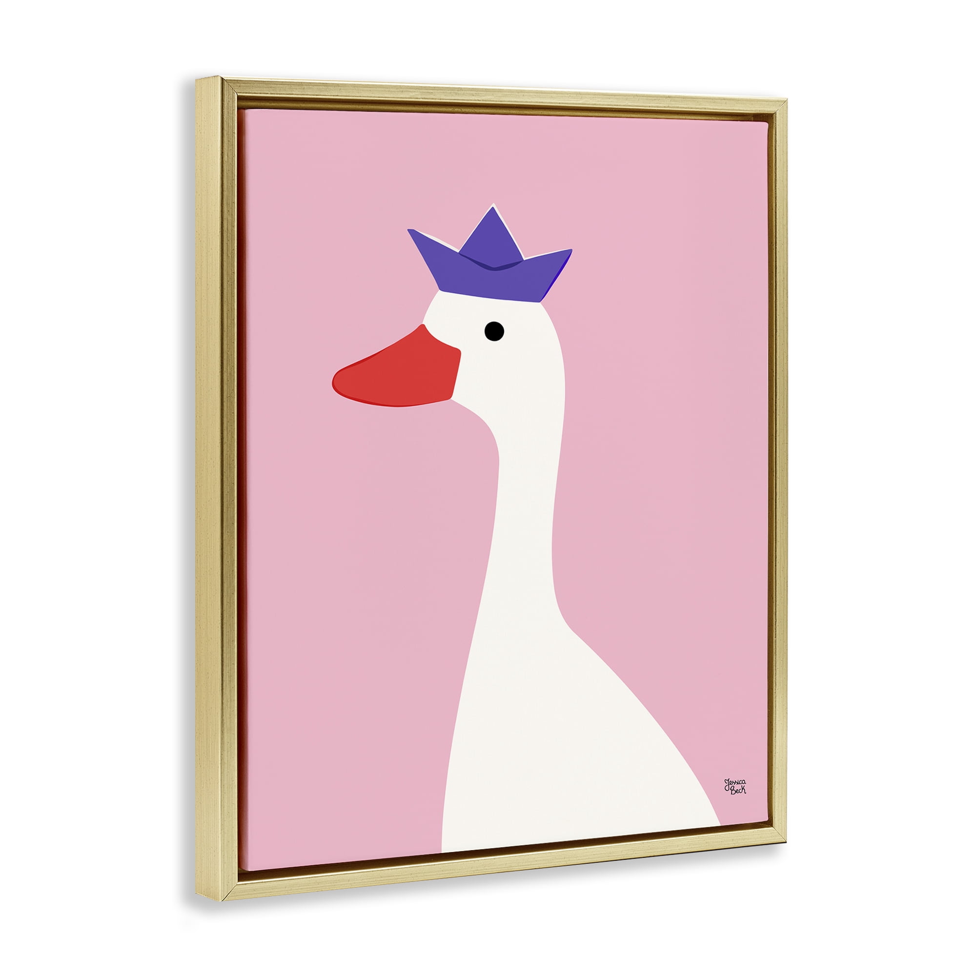 Stupell Industries Crowned Goose on Pink Animals Painting Gold Floater Framed Canvas Art Print Wall Art, 17 x 21