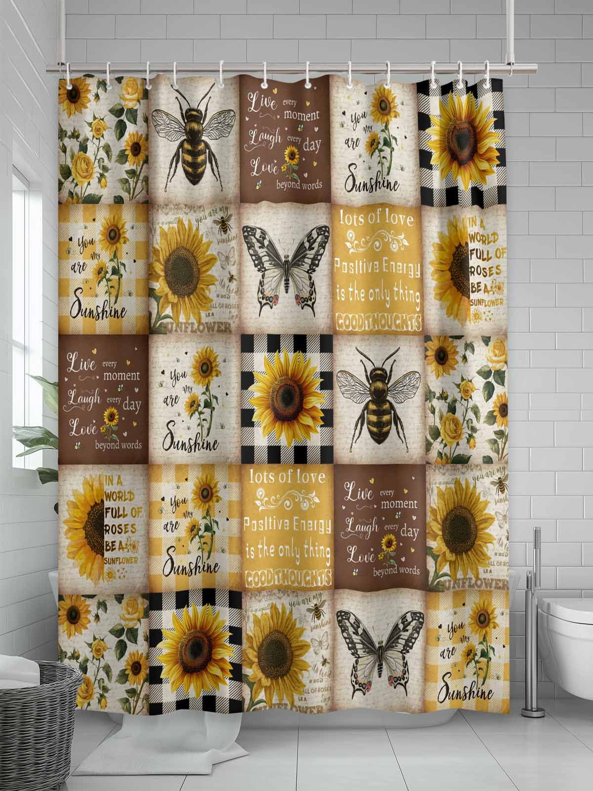 Sunflowers Shower Curtain Set, Waterproof Shower Curtains for Bathroom, Retro Country Butterfly Bee Floral Plaid Washable Fabric Cloth Bath Curtain for Bathtub Decoration with Hooks 54x78 Inches