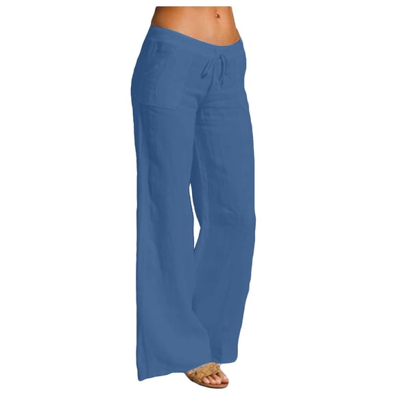Lumtrix Womens Linen Pants Wide Leg Drawstring High Waist Linen Cotton Pants Casual Loose Trousers With Pockets Navy S