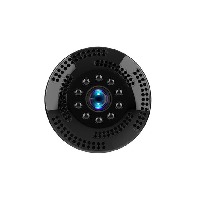 cámara con audio cámara de vigilancia en el hogar video bidireccional y llamada de voz 1080p mini cámara inalámbrica hd Vista frontal centrada de la mini cámara negra Meser, carcasa ABS circular de 4 x 4 x 1.5 cm (1.57 x 1.57 x 0.6 in) con lente central y 8 LED IR visibles alrededor, rejillas perforadas y montura magnética; lente gran angular 120°, visión nocturna 30 pies (9 m), admite WiFi 2.4 GHz, audio bidireccional y grabación 1080P AVI; adecuada para seguridad doméstica y a menudo usada como cámara para mascotas o monitoreo en automóvil.