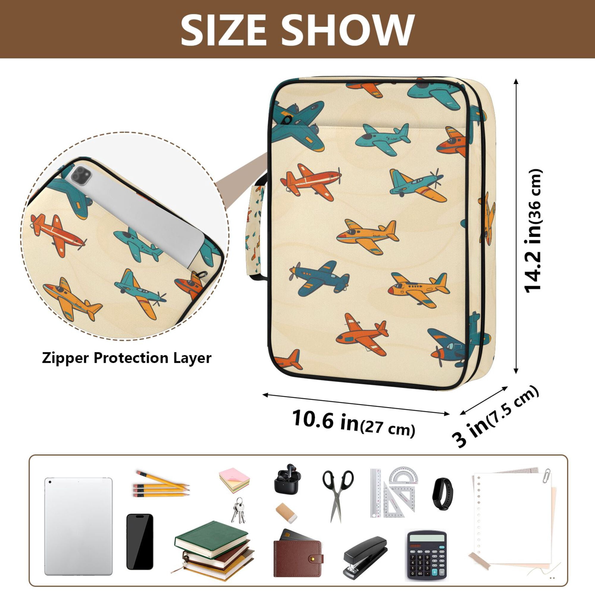 FORMRS Accordion File Folder A4 Size 7-Pocket Expanding Document Organizer Bag with 3 Ring Binder, Brown Cartoon Planes Pattern