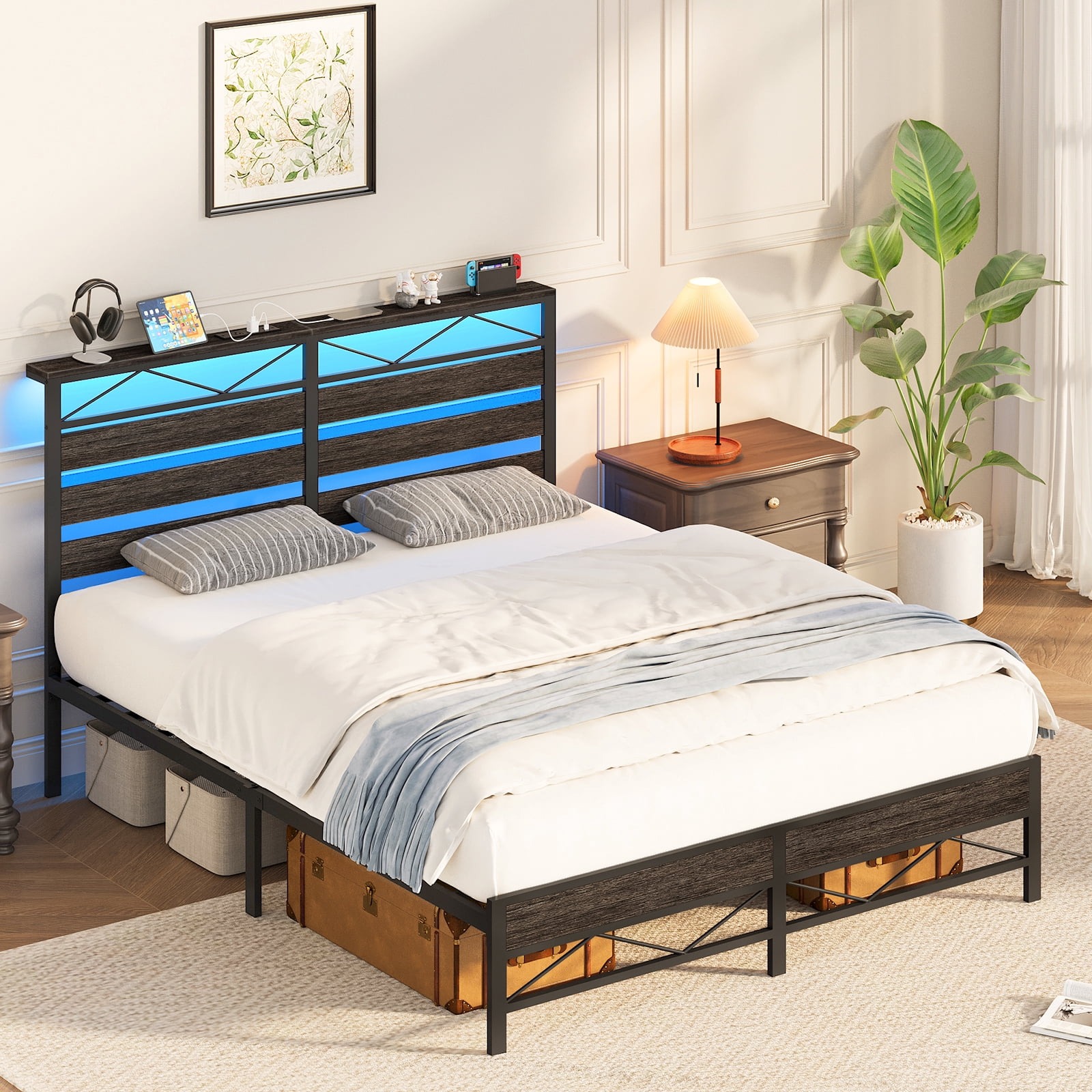 HOOBRO Queen Size Bed Frame with Headboard, LED Bed Frame with Storage Headboard and Charging Station, Bed Frame with 2 Outlets and 2 USB Ports, for Queen Beds, Charcoal Black BC22UDBF01