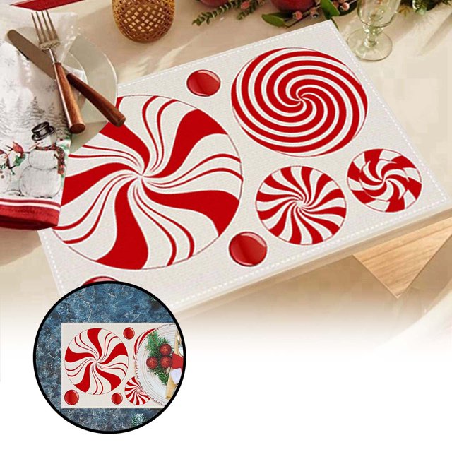 Sets de Table Bonbons de Noël Rouges Mignons Canne de Bonbon Napperon en Lin Toile de Jute Lavable Double Isolation Thermique pour Table à Manger Table de Cuisine Napperons Modernes pour Tables Rondes