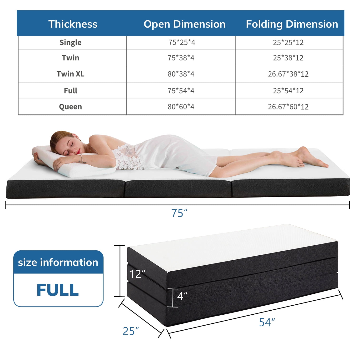 4-inch Full Size Tri-Fold Memory Foam Mattress Topper with Removable Cover, Portable & Folding for Guest Bed, Camping, Travel and RV Use