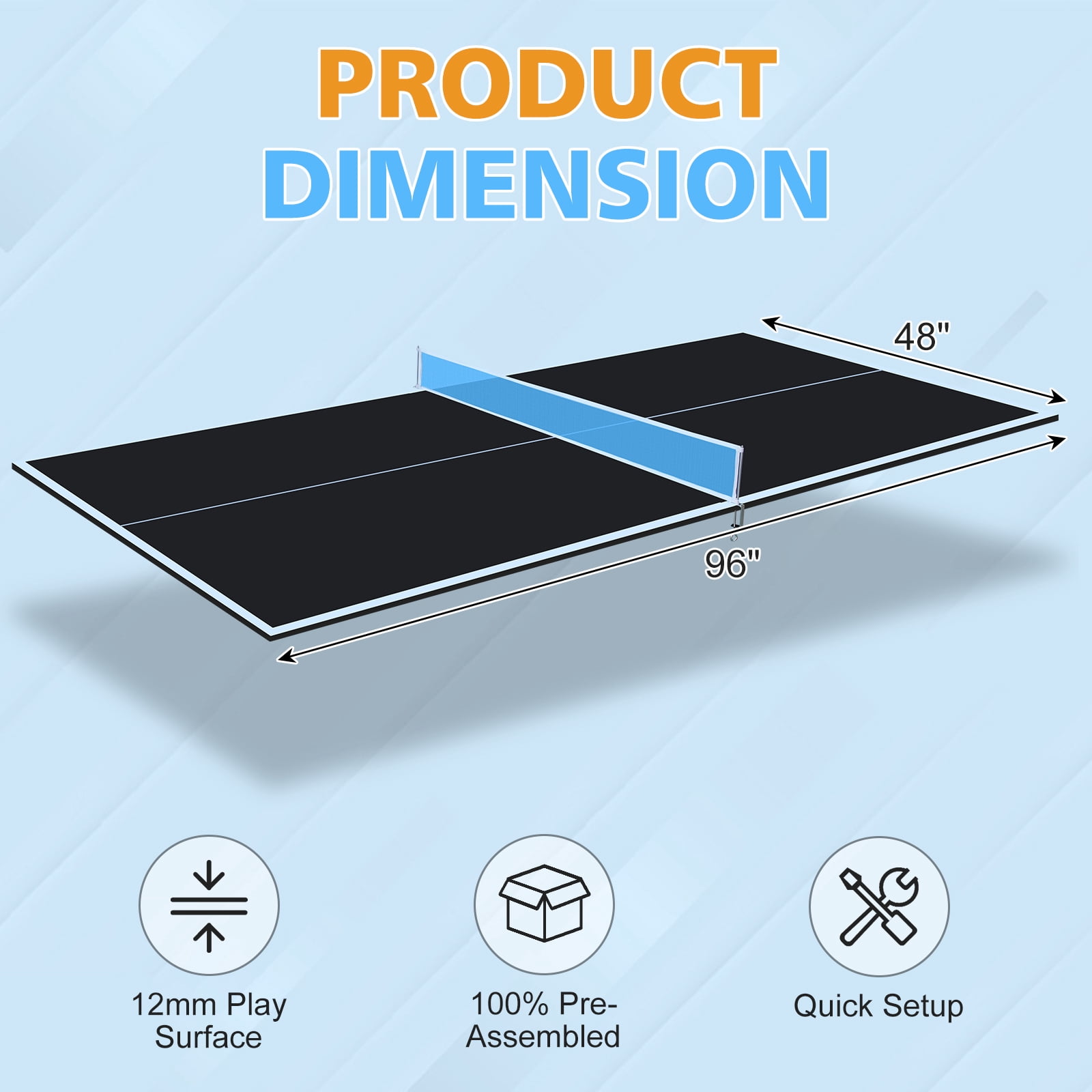 8ft Black Foldable Ping Pong Conversion Top, 12MM MDF Portable Table Tennis Top with Net & 12 EVA Pads, Single Side Upright for Indoor Games