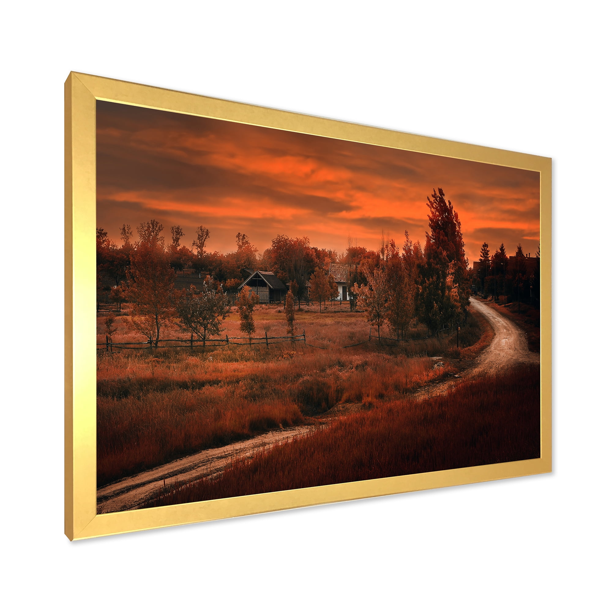 Designart 'The Road By The Farm In Dark Pink Sunset' Farmhouse Framed Art Print