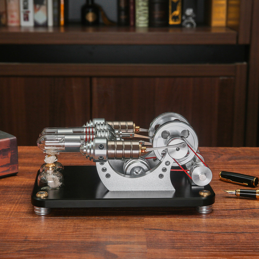 STEM Stirling Engine Model, Dual Cylinder Engine Model Generator with Voltage Display and LED Light, Aluminum Alloy Desktop Collectible Gift for Hobbyists