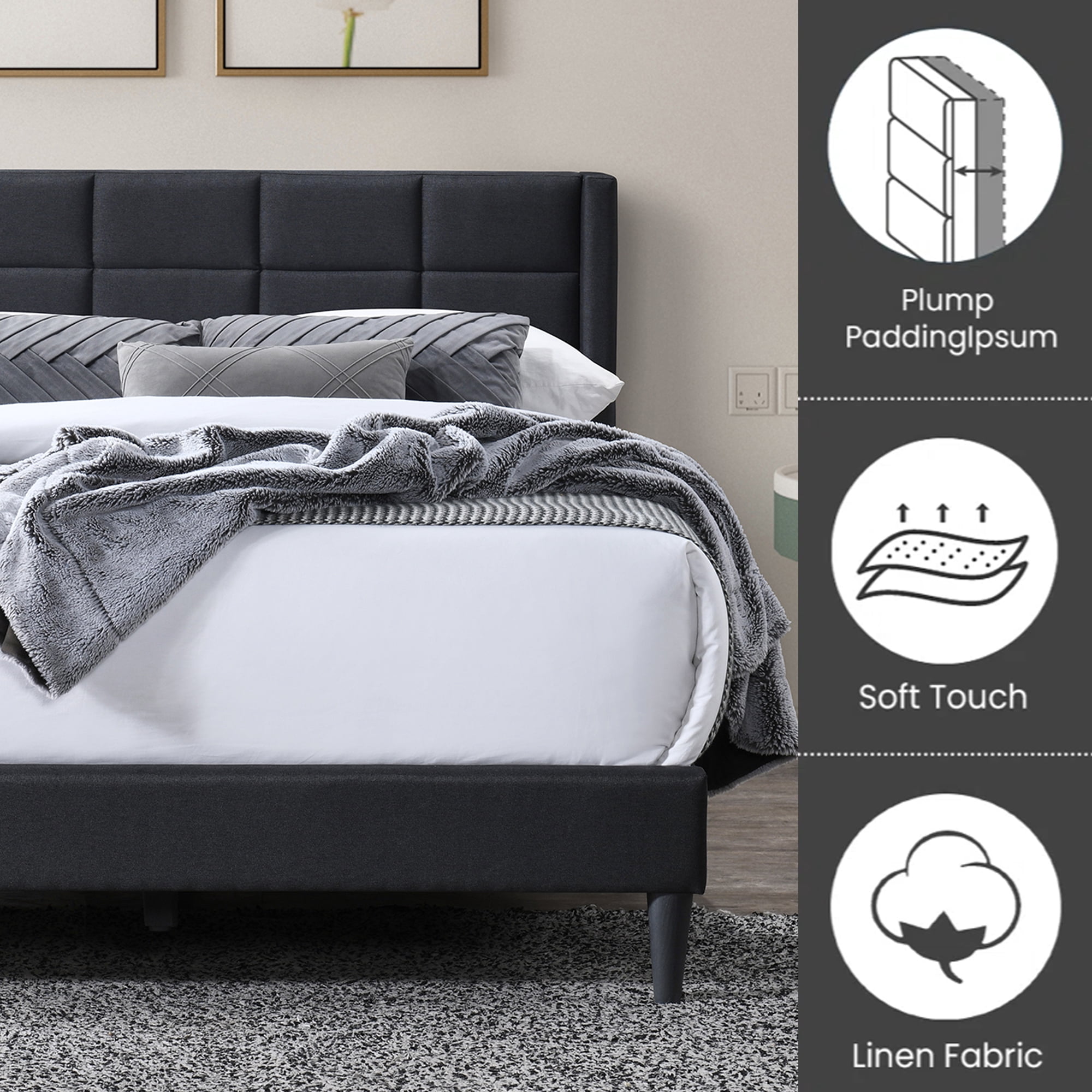 Alexent Queen Size Upholstered Bed Frame | Linen Headboard, Metal & Solid Wood Construction, Sturdy & Comfortable Bed for Bedroom Dark | Gray