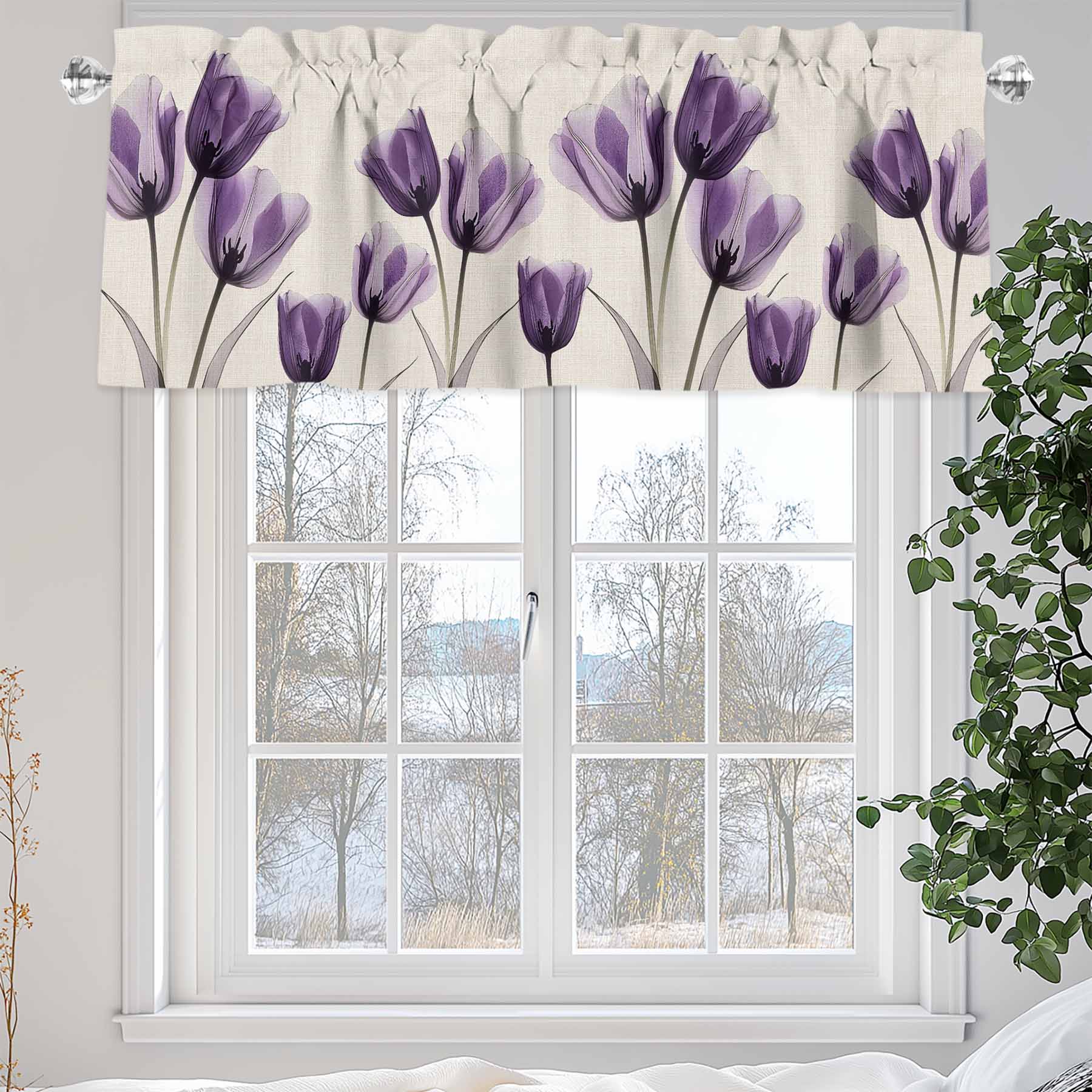 Purple Tulip Valances for Windows, 60 x 18in, Minimalist Modern Flowers Art Linen Background Rod Pocket Kitchen Valance Curtain Light Filtering Window Treatments for Living Room Bedroom, 1 Panel