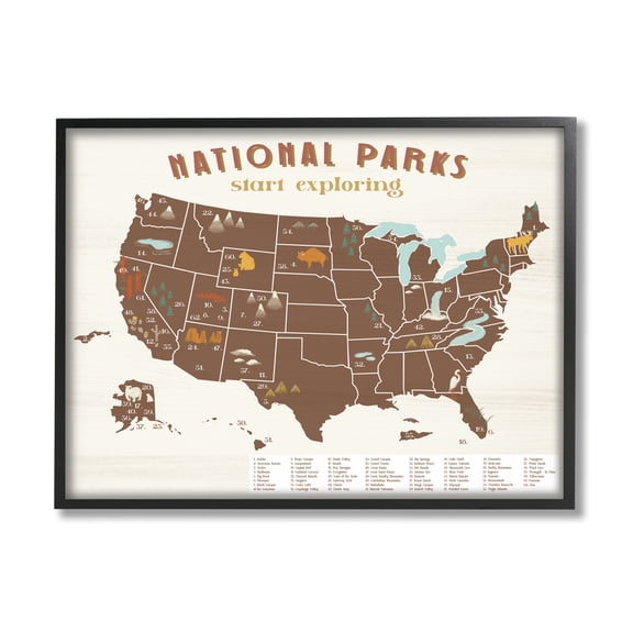 Stupell Industries Start Exploring National Parks Map United States Modern Painting Black Framed Art Print Wall Art, 24 x 30, Design by Daphne Polselli