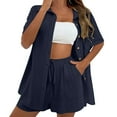 thumbnail image 2 of ZJXFGS Linen Short Sets for Women Beach Vacation Outfits Lounge Tracksuits Fashion Cardigan Short Sleeve Shorts 2 Piece Set Woman Navy L, 2 of 6