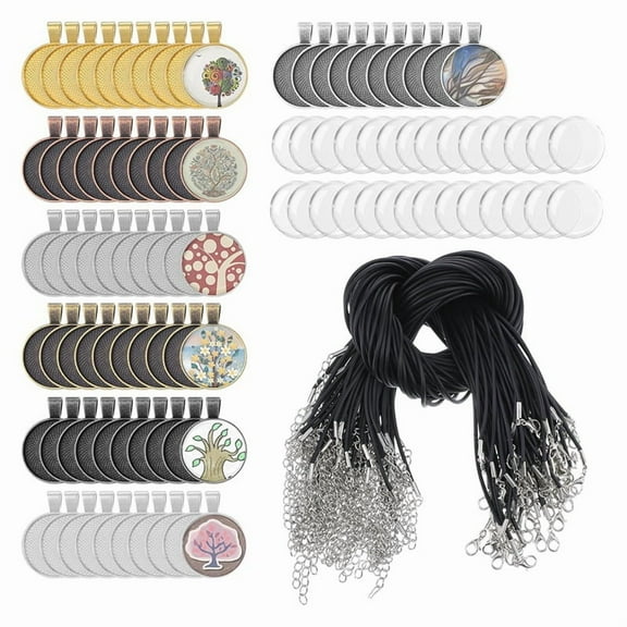 210Pcs Pendant Trays Kit with Glass Cabochon and Necklace Cords Set for Jewelry Making Pendants Necklaces Making,1set * cabochons for jewelry making