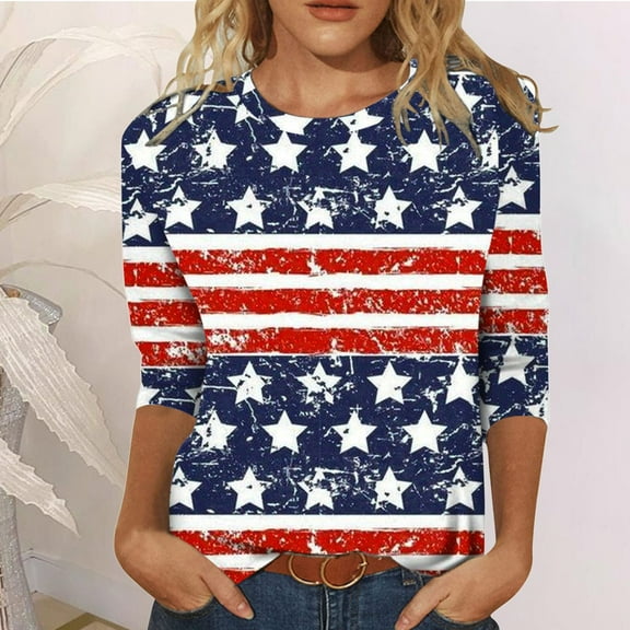 Yuwull 4th of July Tops for Women Patriotic Summer Shirts for Womens Independence Day Long Sleeve T Shirt for Juniors Teens Round Neck Tees Blue