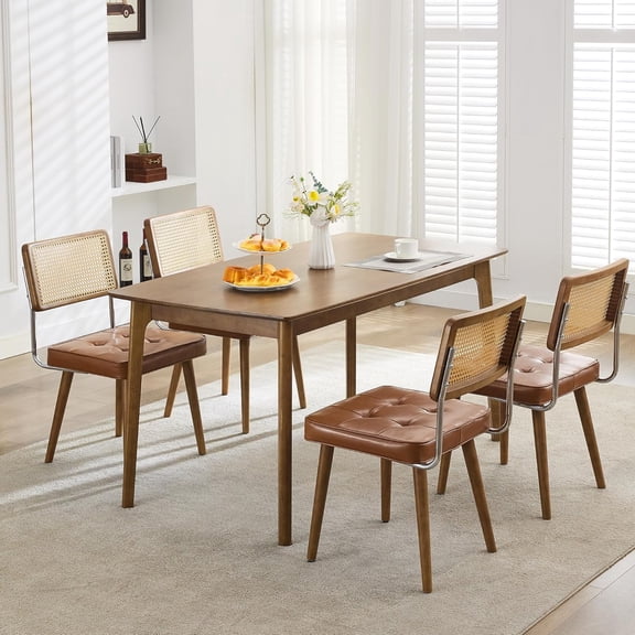Natural Rattan Dining Chairs Set of 4, PU Upholstered Kitchen Chairs with Tall Cane Backrest and Strong Wood Legs for Dining Room, Kitchen, Restaurant, Brown