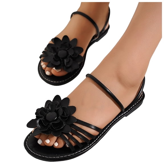 IUJSOY Women's Strappy Flat Sandals Trendy Flower Open Toe Summer Dressy Slipper Shoes Slides